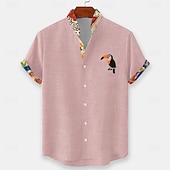 cheap Birds &amp; Animals-Men's Bird Tropical Plants Toucans Summer Hawaiian Shirt Button Up Shirt Stand Collar Shirt Short Sleeve Hawaiian Casual Beach Vacation Wear Summer Spring Mandarin Collar 3D Print Linen Like Shirt
