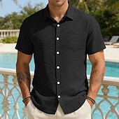 economico Vacanza-Per uomo Camicia Camicia di lino Camicia con Bottoni Tinta unica All'aperto Vacanza Nero Bianco Verde chiaro Verde scuro Manica Corta Colletto a Camicia Estate Primavera Abbigliamento Tasca