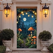 economico Striscioni per Garage e Porte-foresta di funghi incantata, luci fatate, funghi rossi e felci, stravagante striscione per porta, arazzo da parete, arredamento per la casa in stile cottage, decorazione per porta d'ingresso,