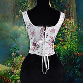billige Topper-Kostymer i middelalderstil Renessanse Cottagecore Korsett Bodice Viking Bonde Blondér Blomstret Kostyme Dame Keltisk fantasi Halloween Karneval Ytelse LARP Ren Faire Voksne Korsett