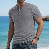 baratos Camiseta Henley Casual-Homens Camisetas Top Henley Camiseta de algodão Camisa lavada Manga Curta Côr Sólida Tecido Cor Única Vintage Designer Casual Tingimento em peça Desaparecido Botões Gola Redonda Henley Casual Diário