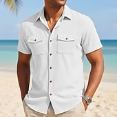 cheap Men's Work Shirts-Men's Shirt Casual Shirt Corduroy Shirt Button Up Shirt Black White Yellow Navy Blue Brown Short Sleeve Solid Color Plain Textured Shirt Collar Casual Daily Front Pocket Clothing Apparel Elegant