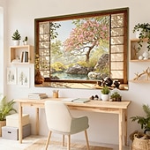 cheap Wall Tapestries-3D Zen Garden Window View Wall Tapestry Cherry Blossoms Sakura Pond Rocks Shoji Screen Tea Set Home Decor Living Room Bedroom Backdrop Office Mural Art