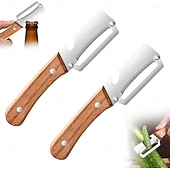  Set de 2 curățătoare de legume cu mâner din lemn și deschizător de sticle: ustensile de bucătărie 2 în 1 din oțel inoxidabil pentru fructe, mere, cartofi, dovleac, papaya