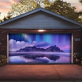 cheap Garage &amp; Door Banners-Northern Lights Aurora Borealis Winter Mountain Snowy Pine Forest Starry Night Sky Frozen River Garage Door Banner Outdoor Wall Decor Holiday Mural Christmas Decoration Backdrop