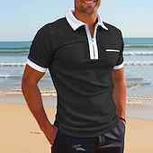 billiga Herrars klassiska polo-Herr Polo Pikétröjor Dagligen Utomhus Tröjkrage Fjärdedels blixtlås Kortärmad Mode Bekväm Slät Lappverk Dragkedja Sommar Skräddarsydd passform Vin Fördjupad grön Svart Vit Gul Marinblå Polo