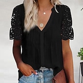 Χαμηλού Κόστους Απλές μπλούζες-Γυναικείο T-shirt 100% βαμβακερό Μπλουζάκι Casual Κουμπωτό Μπλουζάκι Μπλούζα Ραφές Patchwork Eyelet Solid Χρώμα Διακοπών Μόδας Καθημερινά Κοντομάνικα V Λαιμόκοψη Πόλο Κανονικά Μπλούζες Καθημερινές