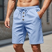 cheap Holiday-Men's Shorts Linen Shorts Summer Shorts Beach Shorts Drawstring Elastic Waist Buttons Plain Solid Comfort Breathable Knee Length Daily Outdoor Beach Vacation Fashion Black White Inelastic