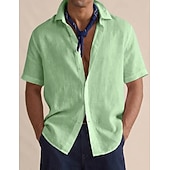 cheap Classic-Men's Shirt Linen Shirt Button Up Shirt Solid Color Vacation Street Black White Yellow Light Green Short Sleeve Shirt Collar Summer Spring Clothing Apparel Buttons
