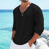 abordables T-shirts en Coton et Lin-Homme T-shirt T-shirt en lin manche longue Col en V Printemps &amp; Été Été Printemps Couleur Unie Uni Quotidien Occasionnel street style Pur Occasionnel Extérieur Rue Bleu Blanche Bleu Clair T-shirt