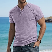 baratos Camiseta Henley Casual-Homens Camisetas Top Henley Camiseta de algodão Camisa lavada Manga Curta Côr Sólida Tecido Cor Única Vintage Designer Casual Tingimento em peça Desaparecido Botões Gola Redonda Henley Casual Diário