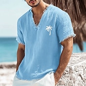 preiswerte Camisetas tropicales de vacaciones-Herren-T-Shirt mit kleinem Palmenprint aus Leinen-Baumwoll-Mischgewebe, V-Ausschnitt, offene Kanten, altrosa, sommerliches Strandurlaubs-Shirt mit Fransen, weiches Designer-Top, Größen S-3XL