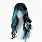 baratos Perucas de anime-Peruca longa ondulada com franja, em tom preto natural com mechas verdes. &amp;Peruca sintética gótica lolita para cosplay, com risca ao meio e resistente ao calor, ideal para uso diário e festivais.