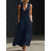  abito lungo da donna in cotone e lino, prendisole, abito a trapezio, abito svasato, vacanza, casual, boho, quotidiano, spiaggia, festa, vestibilità ampia, tinta unita, senza maniche, scollo a V, nero,