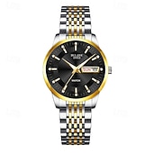 voordelige Quartz-horloges-Luxe dameshorloge, tweekleurige goud-zilveren roestvrijstalen band, lichtgevende wijzers met datum- en dagweergave, elegante zwarte wijzerplaat met diamanten accenten, een stijlvol polshorloge voor