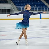 abordables Vestidos de Patinaje Artístico-Vestido de patinaje artístico Mujer Patinaje Sobre Hielo Vestidos Azul Laguna Retazos Espalda Abierta Elástico Entrenamiento Competición Ropa de Patinaje Clásico Cristal / Strass Manga Larga Patinaje