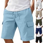 cheap Classic-Men's Cargo Shorts Linen Shorts Summer Shorts Beach Shorts Drawstring Elastic Waist Basic Plain Knee Length Outdoor Beach Vacation Hawaiian Blue Black Inelastic
