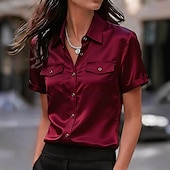 billige Enkle bluser-Dame Skjorte Sateng skjorte Dresskjorter Skjorte med knapper Lomme Knapper Helfarge عادي Elegant Mote Klassisk Kortermet Aftæpning Vanlige topper Daglig Kontor Arbeid Svart Hvit Vin Grønn Sommer Vår