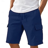 cheap Classic-Men's Cargo Shorts Linen Shorts Summer Shorts Beach Shorts Drawstring Elastic Waist Basic Plain Knee Length Outdoor Beach Vacation Hawaiian Blue Black Inelastic