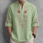 ieftine Model etnic-Bărbați Imprimeu floral Έθνικ Flori Cămașă Camașă cu nasturi Cămașă Henley Manșon Lung Vintage Retro Casual Vacanță Nuntă Vară Primăvară Guler mandarin Guler în picioare Imprimare 3D Cămașă de in