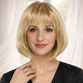 Недорогие старший парик-Элегантный парик-каре для женщин — гладкий темно-коричневый с естественной челкой.