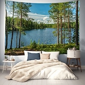 cheap Wall Tapestries-Lush Green Forest Stream Nature Landscape Wall Tapestry Sunbeams Woodland River Mossy Rocks Wall Hanging Home Decor Living Room Bedroom Office Backdrop Art Mural