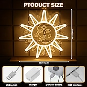 abordables Luces decorativas-Letrero de pared LED de neón con diseño de sol y luna, luz cálida, alimentado por USB, regulable, 32x32 cm, lámpara LED decorativa para dormitorio, sala de estar, sala de juegos, fiesta, bar, cueva de