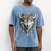  T-shirt da uomo con testa di lupo e corna, emblema dello scudo vichingo, lavaggio acido, vintage, streetwear, grafica, manica corta, girocollo, casual, abbigliamento quotidiano, abbigliamento firmato,