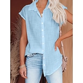cheap Plain Blouses-Women's Blouse Cotton Shirt Buttons Solid Color Vintage Daily Stylish Short Sleeve Shirt Collar Regular Tops Daily Blue Black White Pink Wine Summer Spring