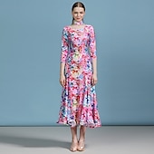 זול Salão de Dança Padrão-Ballroom Dance Dress Floral Print Pleats Women's Party Training Performance 3/4 Length Sleeve High Elastane