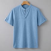 cheap Casual Henley Tee-Men's Henley Shirt 100% Cotton Acid Wash Shirt Short Sleeve Henley Summer Spring Fall Plain Retro Vintage Casual Vintage Style Washed Casual Light Blue Dark Brown Black Top Tee for Men