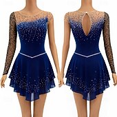 cheap Figure Skating Dresses-Figure Skating Fleece Jacket Figure Skating Dress Women's Ice Skating Dress Navy Patchwork Asymmetric Hem Stretchy Training Competition Skating Wear Classic Crystal / Rhinestone Long Sleeve Ice