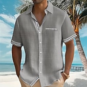 preiswerte Geometrische Muster-Herren Geometrisch Karo / Karomuster Hemd Sommerhemd Knopfhemd Kurzarm Modisch lässig Täglich Strandurlaub Sommer Umlegekragen 3D-Druck Eine Tasche vorne Leinenähnliches Hemd Blau Blaugrün Weiß Grau