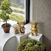 זול פסלי גן ופסלים-פסלוני שרף של פרה היילנד עם כוסות שתייה, תוספות חמודות לעציצים, פסל צפרדע משרף, מושלם לקישוט עציצים, גינות, אקווריומים וטרסות