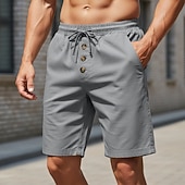 cheap Holiday-Men's Shorts Linen Shorts Summer Shorts Beach Shorts Drawstring Elastic Waist Buttons Plain Solid Comfort Breathable Knee Length Daily Outdoor Beach Vacation Fashion Black White Inelastic