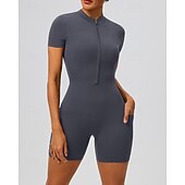 economico Set e Tutine-Per donna Tute da allenamento Tutina Tasca Cerniera Frontale Tinta unica Body Estate Primavera Autunno Bianco latte Nero Corsa Fitness Yoga Sollevamento glutei Asciugatura Rapida Elastico Manica Corta