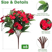 abordables Flores artificiales-6 ramos de flores artificiales de impatiens para decoración de exteriores, ramo de flores de seda, plantas artificiales resistentes a los rayos UV para primavera y verano, jardín, porche, ventana,
