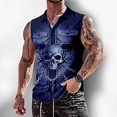 preiswerte Vintage Hemd-Herren Gothic-Horror Kreuz Totenkopfe Hemd Knopfhemd Ärmelloses Shirt Ärmellos Dunkler Gothic-Stil Outdoor Lässig Sommer Frühling Umlegekragen 3D-Druck Zwei Fronttaschen Blau Schwarz Purpur Braun