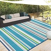 billige Områdeteppene-vanntett utendørsteppe 1,5 x 2,4 m, vendbart plastteppe, moderne teppe, stor gulvmatte for utendørs bruk, bobil, terrasse, bakgård, dekk, piknik, strand, camping, blå &amp;grønn