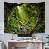 cheap Wall Tapestries-Tropical Jungle Ancient Forest Wall Tapestry Sunbeams Mossy Trees Stream Nature Landscape Wall Hanging Home Decor Living Room Bedroom Office Backdrop Art Mural