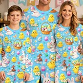 abordables Easter Family Matching Outfits-Family Easter Pajamas Graphic Bunny Casual Print Blue Long Sleeve Vacation Matching Outfits