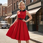 abordables Robes-1950s Retro Vintage Knee Length Dress Swing Dress Flare Dress Normal Sleeveless High Waist Solid Color Fit &amp; Flare Swing Turndown Fancy Dress Women's Event / Party Daily Wear Adults' Dress Belt