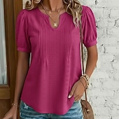 billiga Kostymblusar-Dam Skjorta Pointelle-skjorta Ögonlock Blus Ögla Slät Stylish Klassisk Modern Kortärmad V-hals Vanliga toppar Ledigt Dagligen Strand Vit Vin Marinblå Ros rosa Sommar Vår