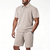 billige Basic Tees-sett for menn-Herre Polo T-skjorte drakter Joggedress Shorts og T-skjorte sett Kortermet Kort Erme Aftæpning Sommer Fargeblokk Gymnastik Fritid Jacquard Glidelås 2 deler Avslappet Feriereise Dagligdagstøy Svart