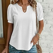 billiga Kostymblusar-Dam Skjorta Pointelle-skjorta Ögonlock Blus Ögla Slät Stylish Klassisk Modern Kortärmad V-hals Vanliga toppar Ledigt Dagligen Strand Vit Vin Marinblå Ros rosa Sommar Vår