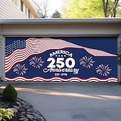 cheap Garage &amp; Door Banners-4th of July 2026 250th Memorial Day Anniversary 1775 Wavy American Flag Stars Stripes Fireworks Garage Door Banner Patriotic Outdoor Decoration Independence Day 4th of July Celebration Mural Backdrop