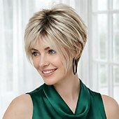 baratos peruca mais velha-Peruca pixie loira elegante para mulheres - corte curto moderno com textura sutil.