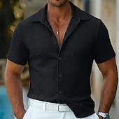 cheap Men's Button Up Shirts-Men's Shirt Waffle Shirt Texture Casual Shirt Button Up Shirt Blue Black White Pink khaki Short Sleeve Plain Lapel Casual Daily Clothing Apparel Fashion Modern Casual Comfortable