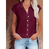 cheap Plain Blouses-Women's Blouse Cotton Shirt Buttons Solid Color Vintage Daily Stylish Short Sleeve Shirt Collar Regular Tops Daily Blue Black White Pink Wine Summer Spring