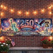 voordelige 250e Verjaardag-Banner ter ere van het 250-jarig jubileum van de VS: 250 jaar vrijheid. Een banner die de geschiedenis van de VS viert, met het Vrijheidsbeeld, de adelaar en vuurwerk. Perfect voor patriottische festiviteiten.